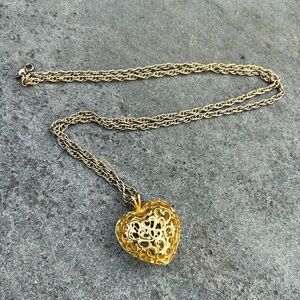 Long Puffy Heart Cage Pendant Necklace Rope Chain